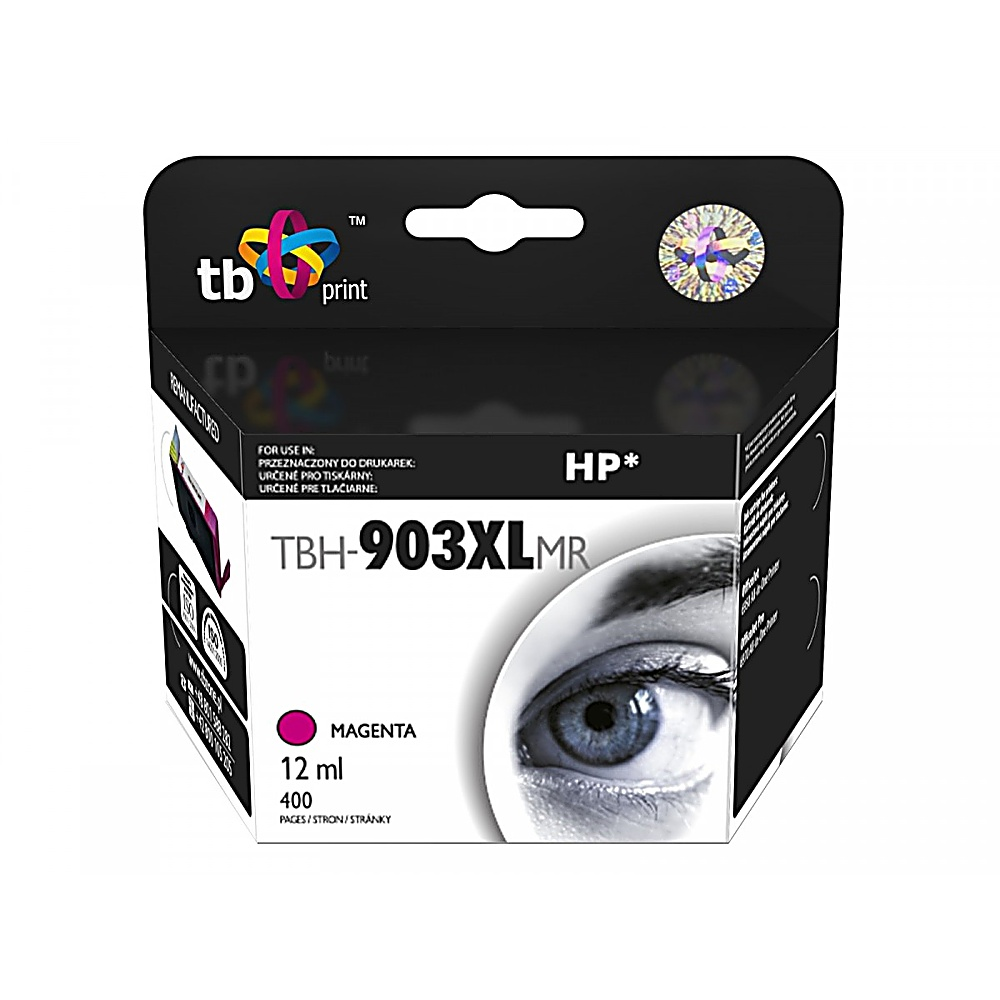 Una scatola di cartucce d'inchiostro magenta, TBH-903XLMR, con un primo piano di un occhio. Il testo include '12 ml' e '400 pagine'.
