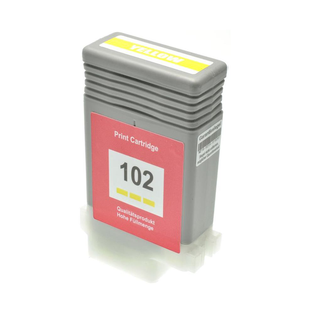 Una cartuccia di stampa grigia con un'etichetta rossa che mostra 'Print Cartridge 102'. La parte superiore dice 'YELLOW'.