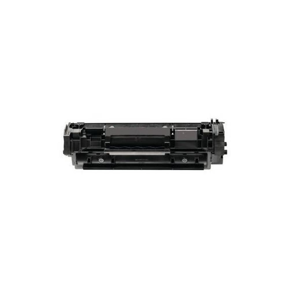 Una cartuccia di toner nera è centrata orizzontalmente su uno sfondo bianco. Presenta diverse parti meccaniche e aperture.
