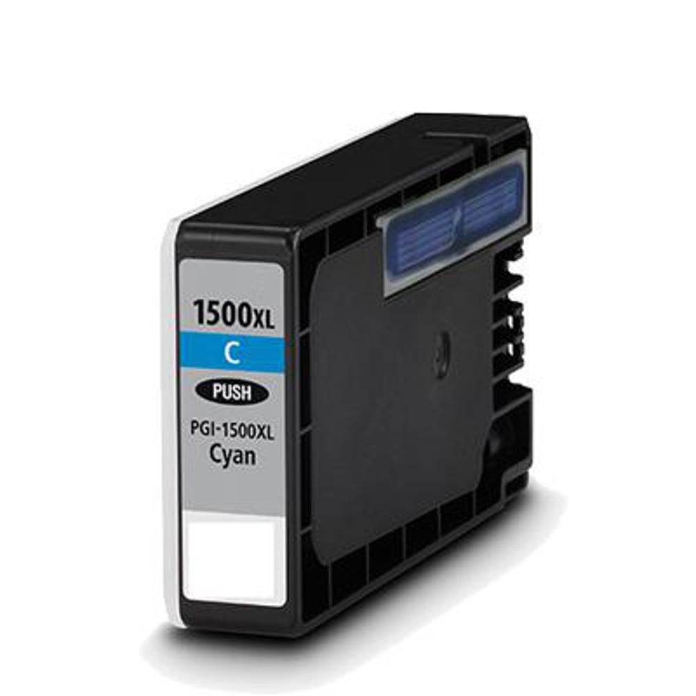 Una cartuccia d'inchiostro ciano, in bianco e nero, con etichette che indicano '1500XL C PUSH' e 'PGI-1500XL Cyan'. È visibile una sezione blu.