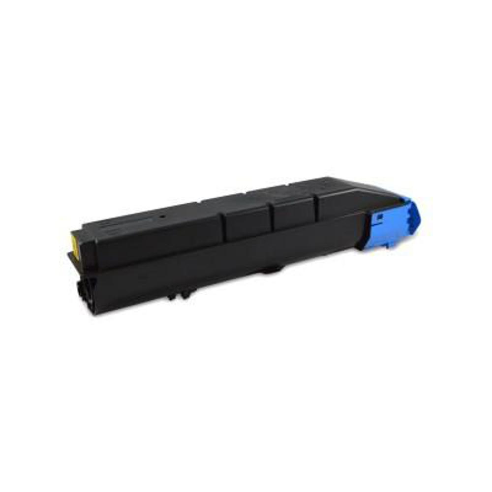 Una cartuccia toner per stampante nera e blu, con una sezione gialla. È su sfondo bianco, leggermente angolata.