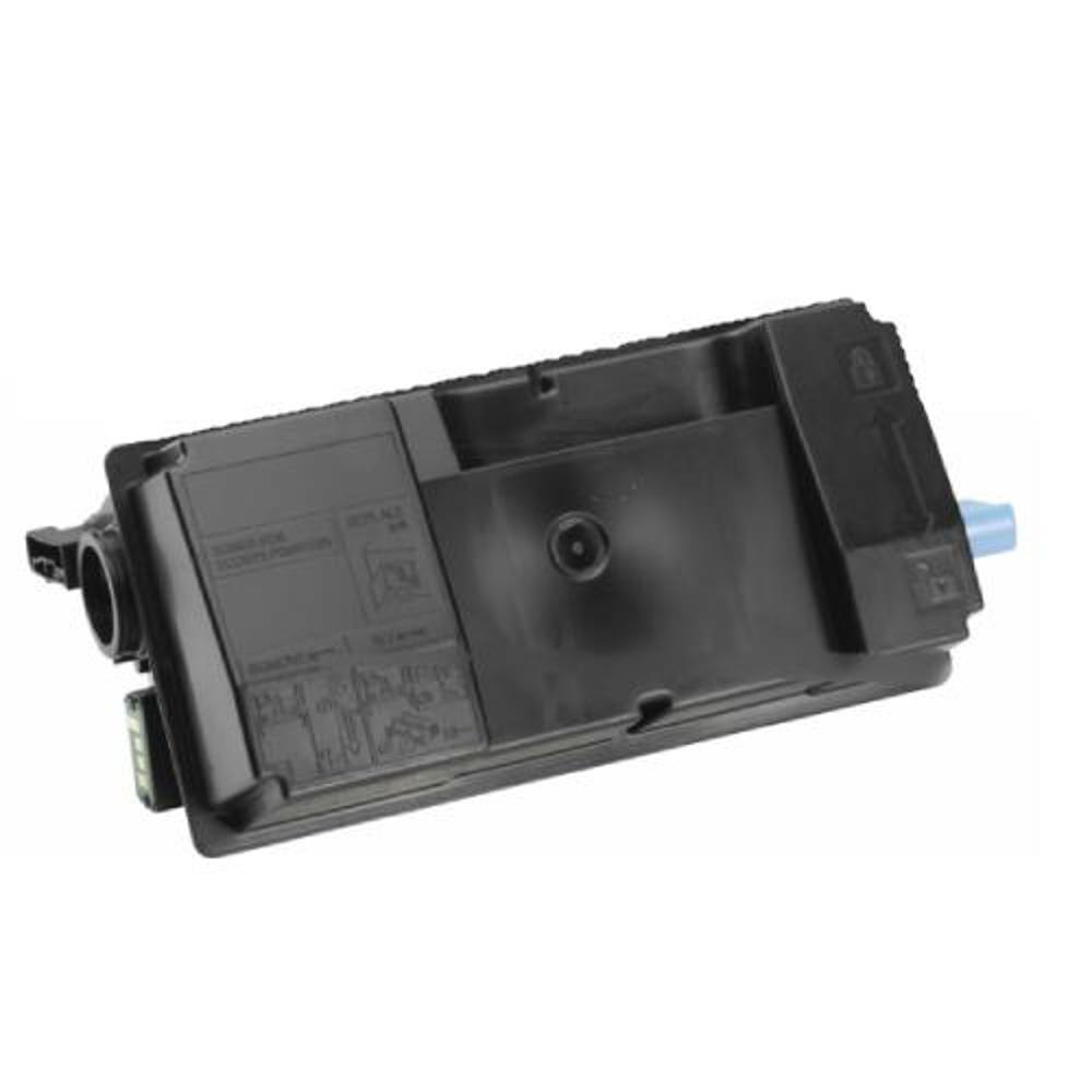Una cartuccia di toner nera con maniglia azzurra isolata su sfondo bianco.