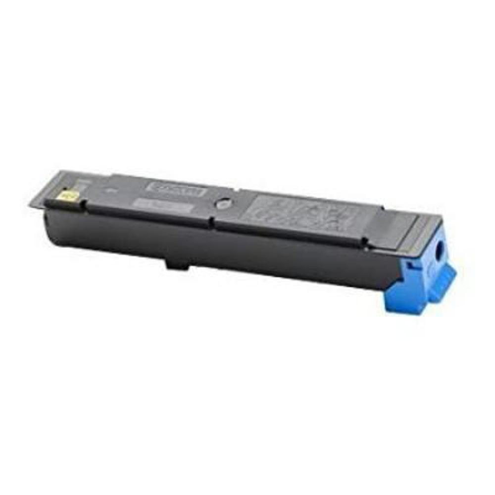 Una cartuccia di toner nera con un'estremità blu è su sfondo bianco. Ha una forma rettangolare con testo.