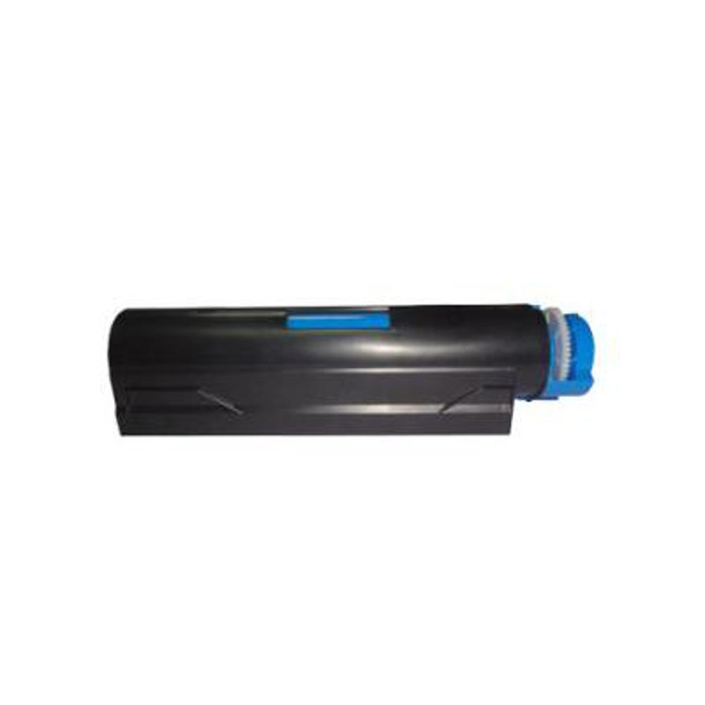 Una cartuccia toner nera con maniglia e tappo blu su sfondo bianco.