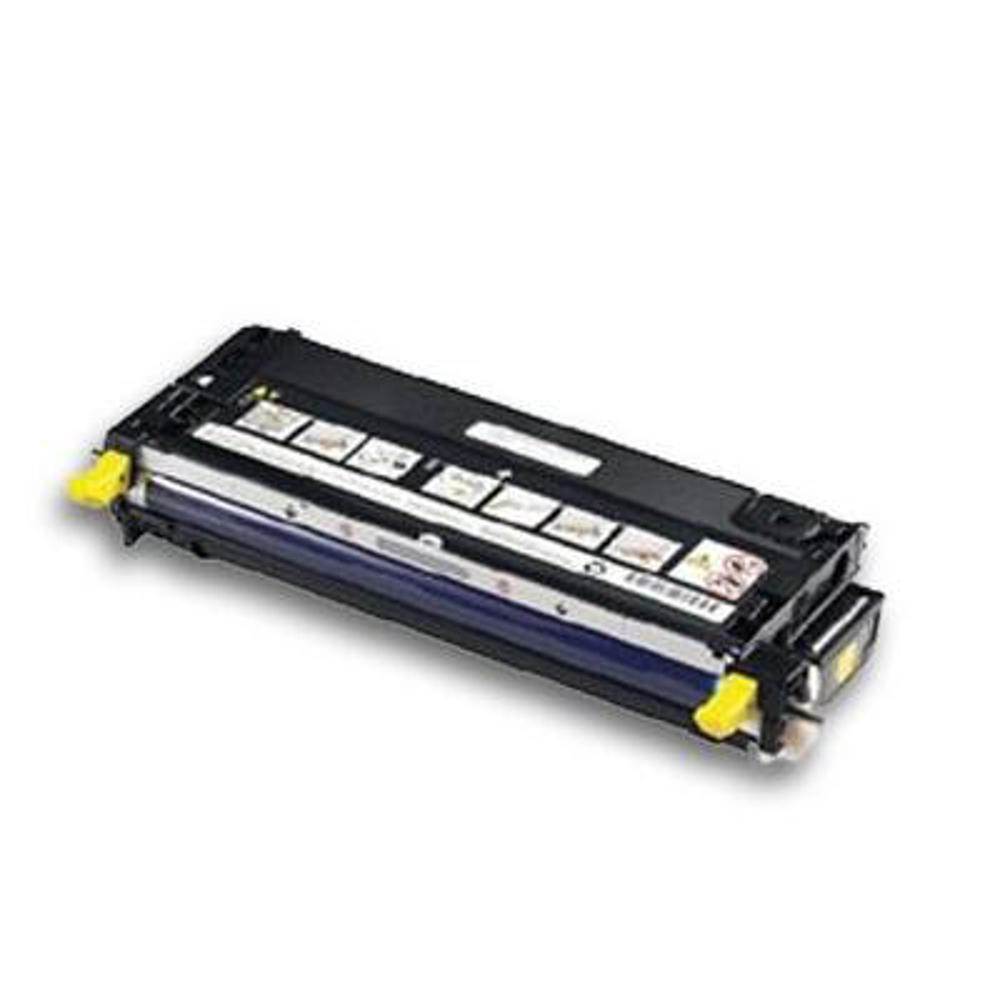 Una cartuccia toner per stampante nera e argento, con accenti gialli, su sfondo bianco.
