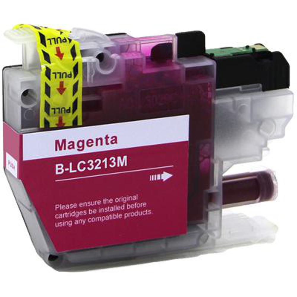 Una cartuccia d'inchiostro magenta con linguetta gialla. Il testo dice 'Magenta B-LC3213M' e un avvertimento sulle cartucce originali.