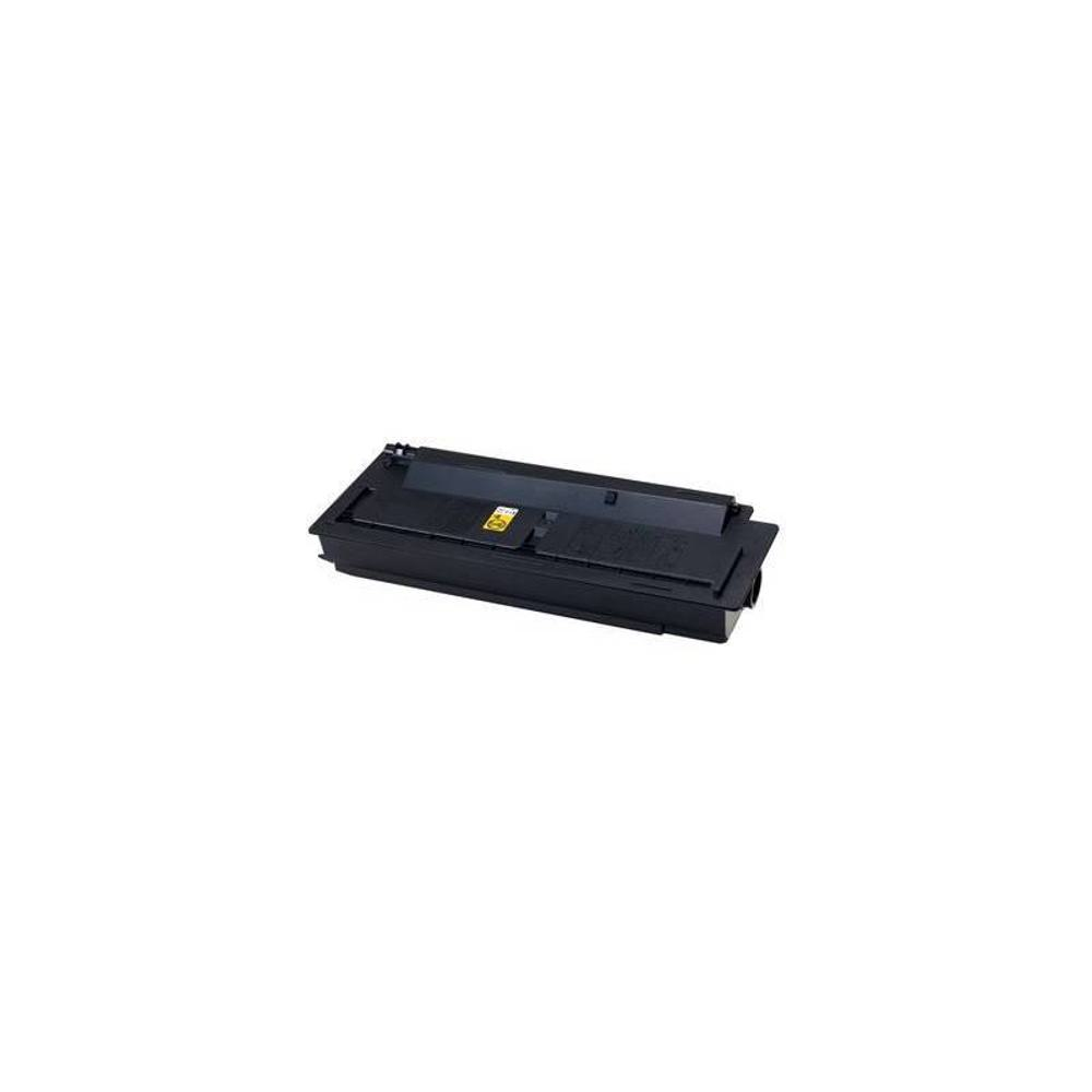 Una cartuccia di toner nera per stampante su sfondo bianco. Ha una forma rettangolare con una parte superiore.