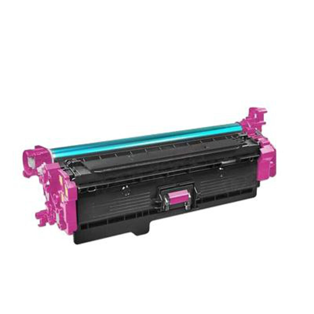 Una cartuccia toner per stampante magenta e nera. Ha un rullo ciano e parti in plastica magenta.