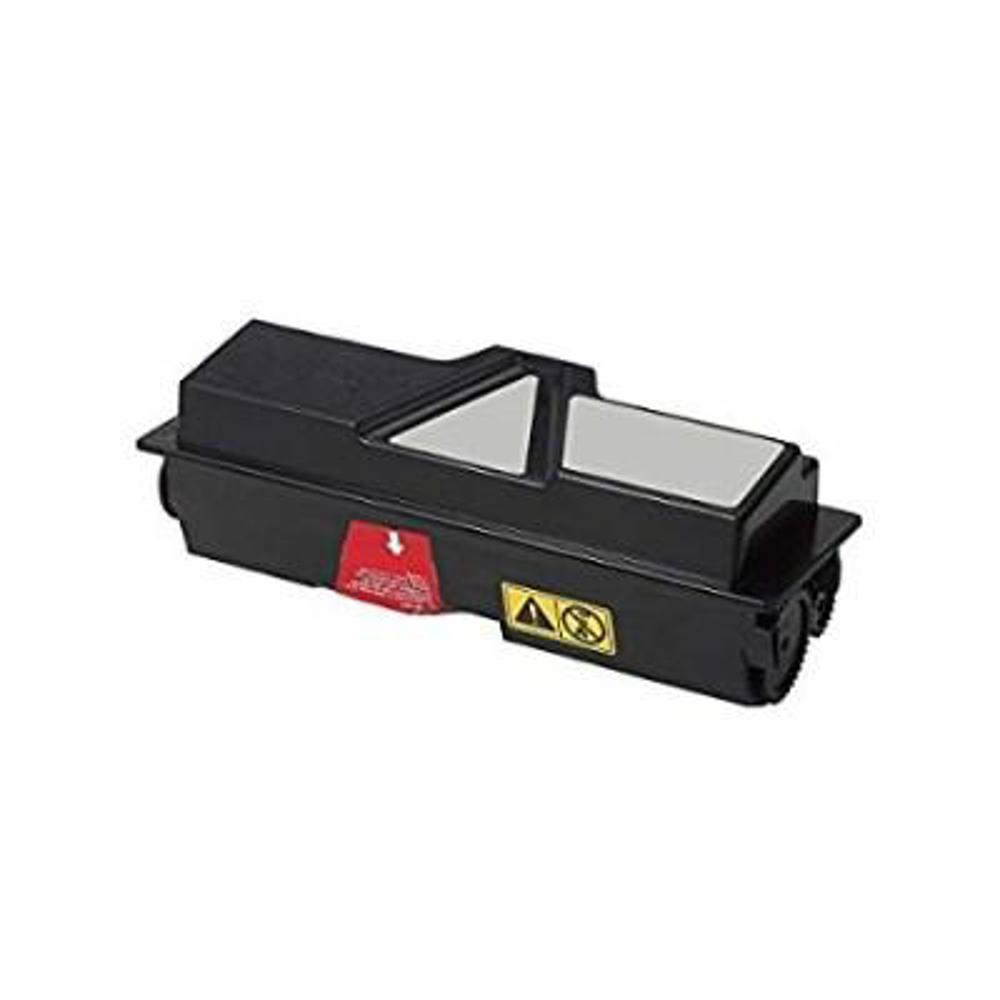 Una cartuccia toner nera con due sezioni grigio chiaro sulla parte superiore. Ha un adesivo rosso e un simbolo di avvertimento giallo sul lato.