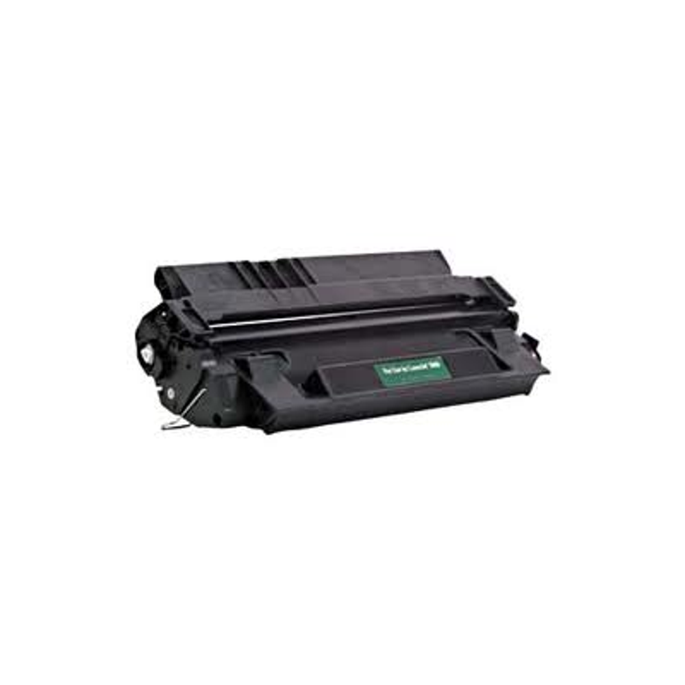 Una cartuccia di toner nera su sfondo bianco. Ha un'etichetta verde.