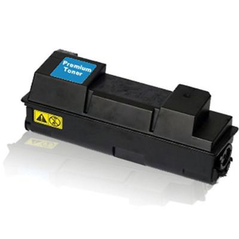 Cartuccia toner nera con etichetta blu 'Premium Toner'. Presenta un simbolo di pericolo.