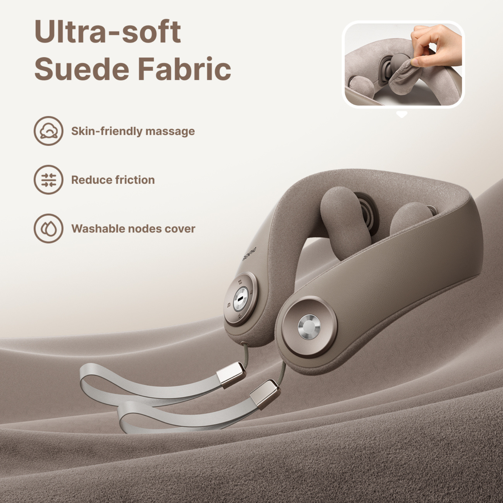 Een beige nekmassager op suède stof. Kenmerken zijn huidvriendelijke massage, minder wrijving en wasbare knopen.