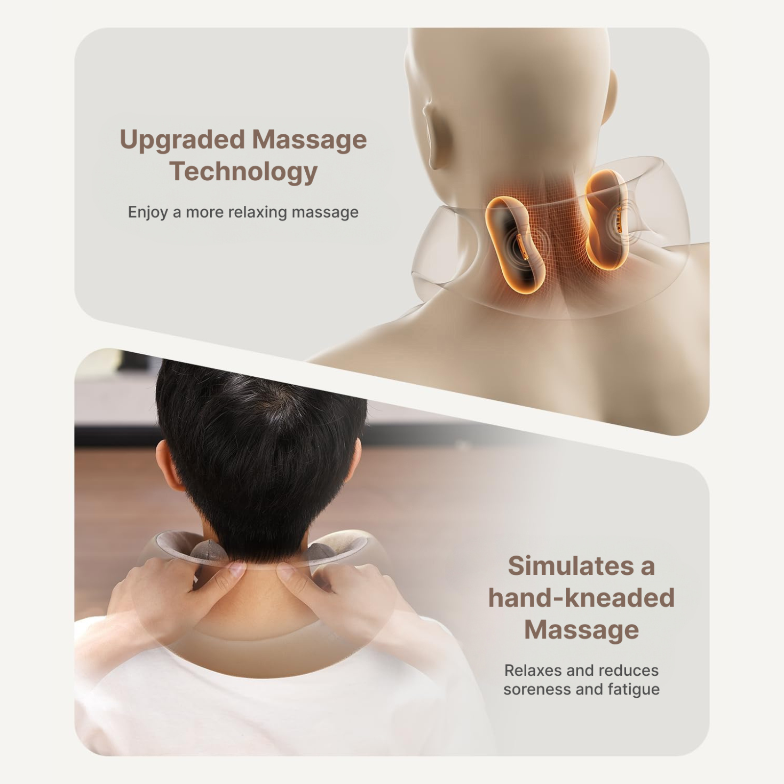 Afbeelding toont een nekmassager op een persoon, met tekst die verbeterde massagetechnologie en handgekneed massage benadrukt.