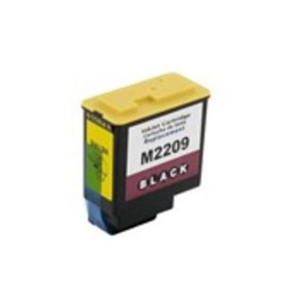 Una cartuccia d'inchiostro, con parte superiore gialla e corpo nero. Ha un'etichetta con scritto "M2209 BLACK" e altro testo.