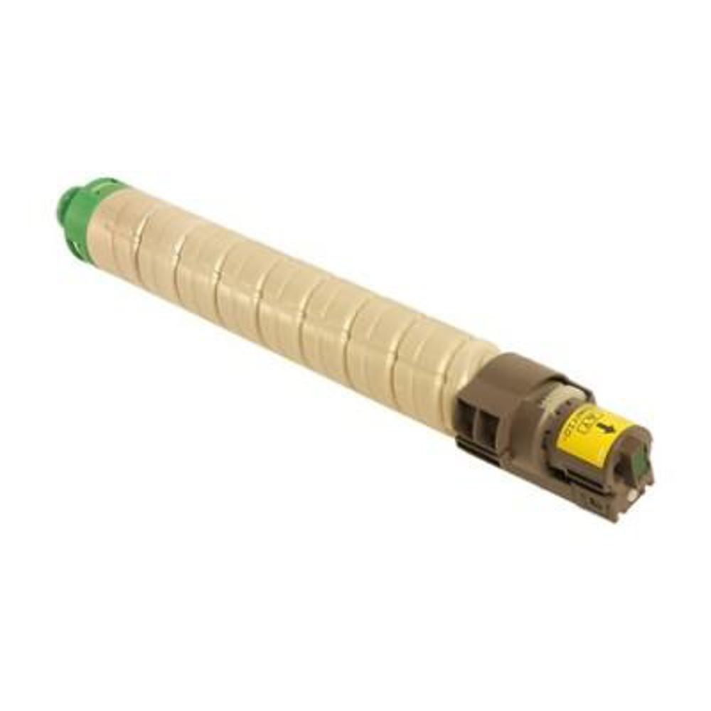 Una cartuccia toner cilindrica beige e marrone. Ha un tappo verde e un adesivo giallo con testo nero.