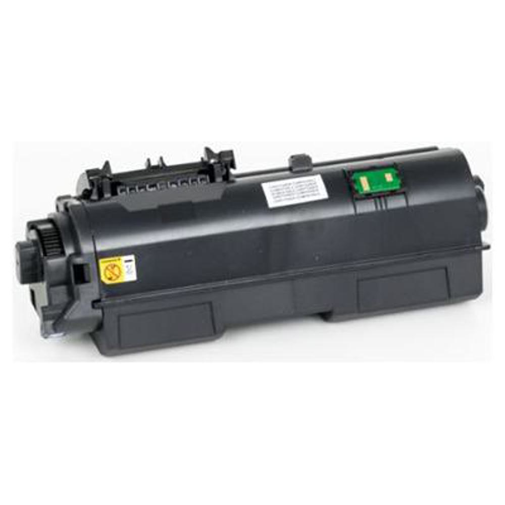 Una cartuccia di toner nera su sfondo bianco. Ha un chip verde e diverse etichette.