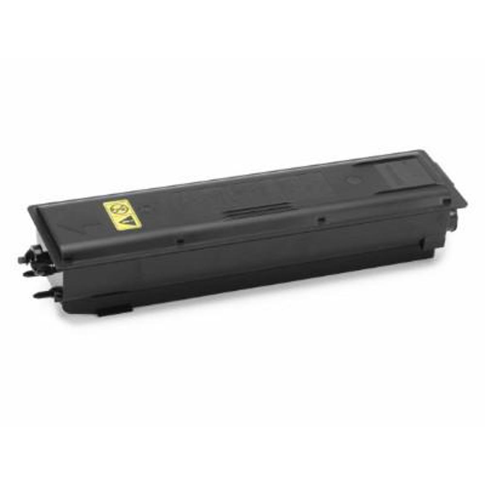 Una cartuccia toner nera su sfondo bianco. Ha un adesivo di avvertimento giallo e vari componenti neri.