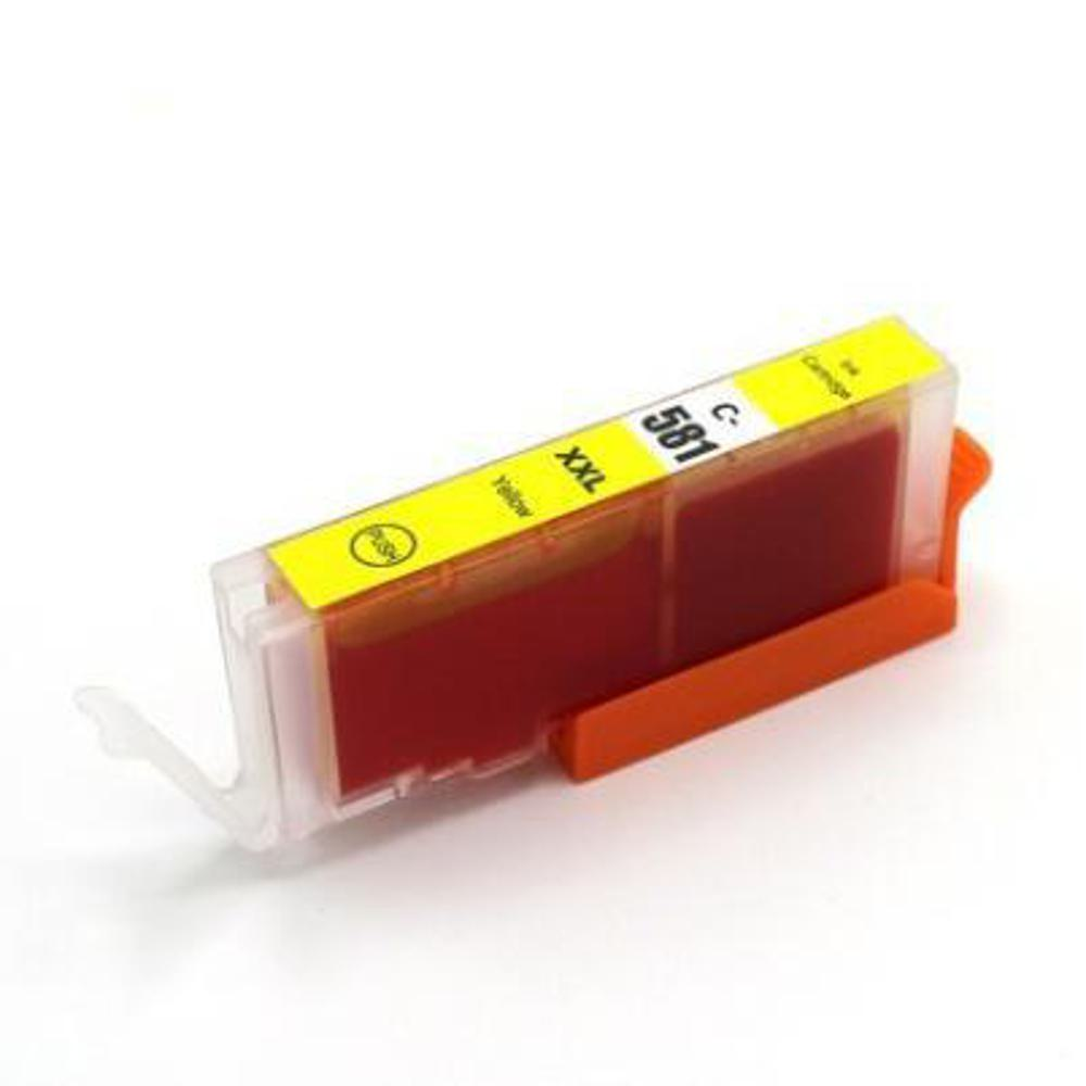 Una cartuccia d'inchiostro gialla e rossa, etichettata C-581 XXL, con supporto arancione e leva bianca, su sfondo bianco.
