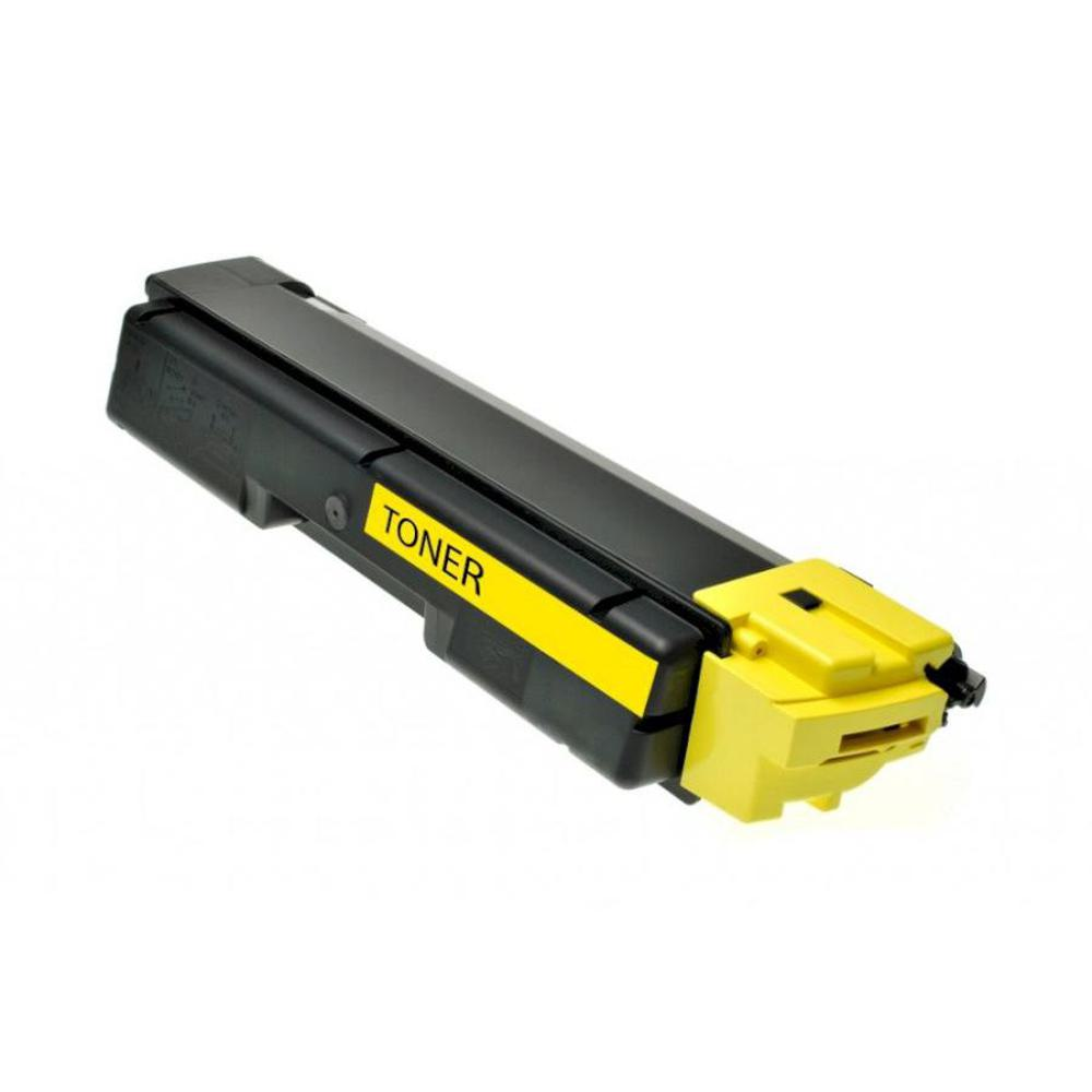 Una cartuccia toner con corpo nero e dettagli gialli. Etichettata 'TONER' su un adesivo giallo. Isolato su bianco.