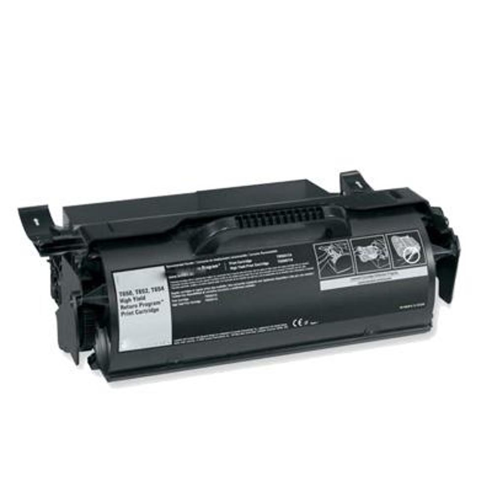 Una cartuccia di toner per stampante nera su sfondo bianco. Ha un'etichetta con testo e icone. La cartuccia ha una maniglia sopra.