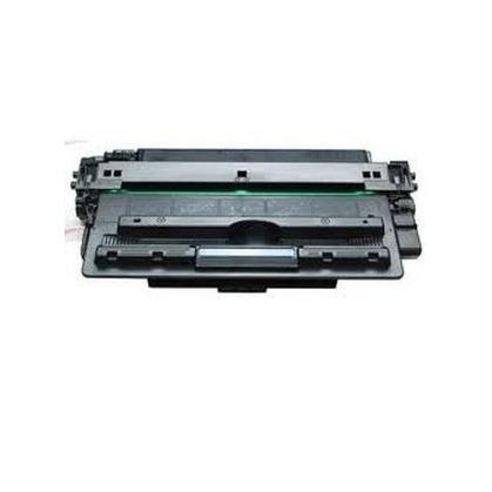 Una cartuccia di toner nera su sfondo bianco. Ha una barra metallica e componenti interni verdi.