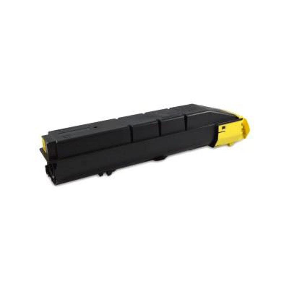 Una cartuccia toner nera e gialla, leggermente angolata, su sfondo bianco.