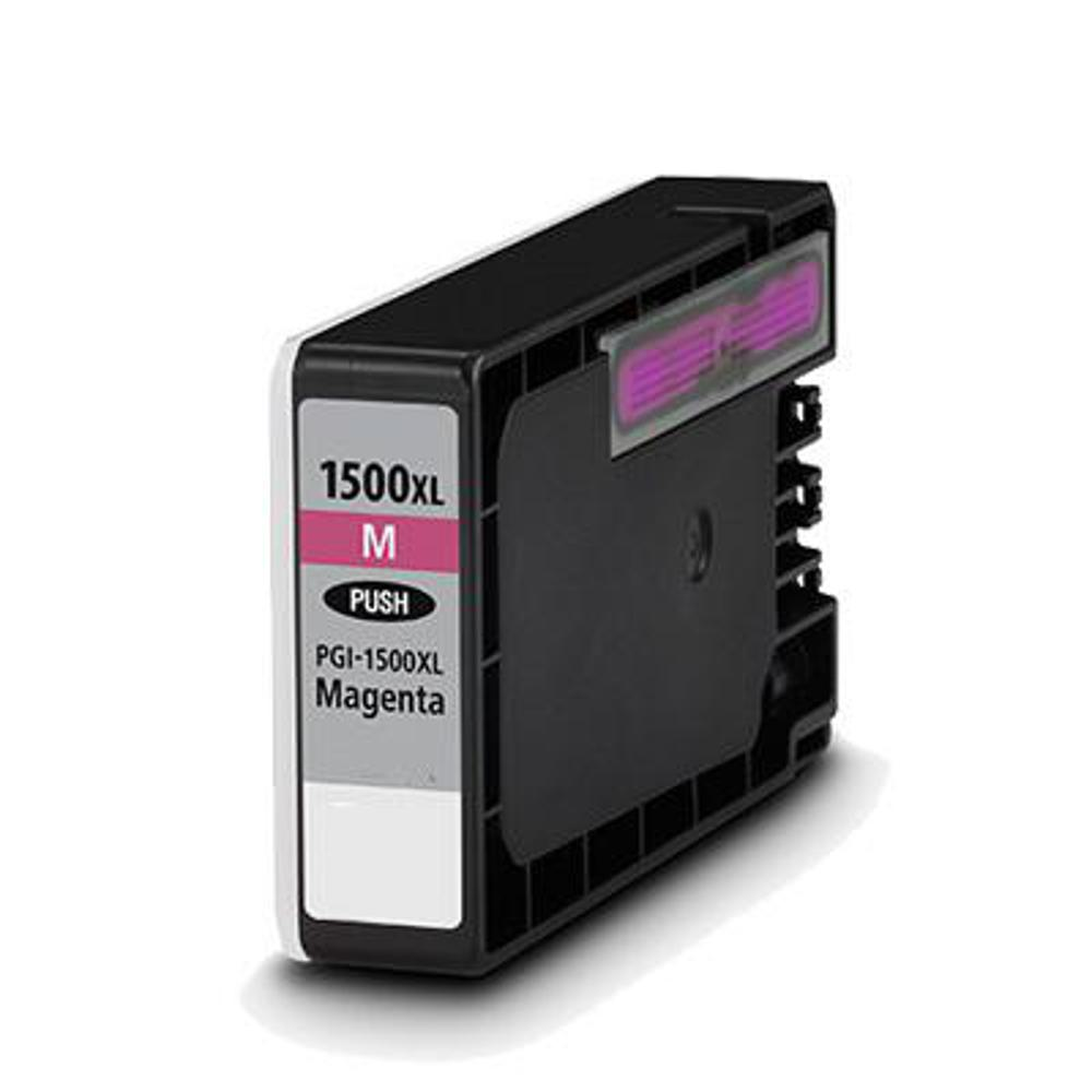 Una cartuccia d'inchiostro magenta con alloggiamento in plastica nera. Le etichette indicano: 1500XL M, PUSH e PGI-1500XL Magenta. Lo sfondo è bianco.