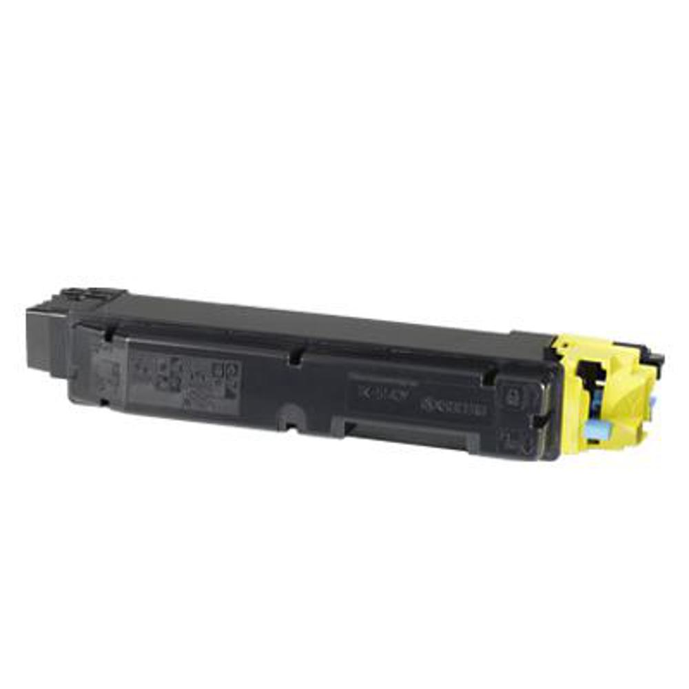 Una cartuccia di toner nera e gialla. La cartuccia è rettangolare con dettagli gialli e blu su un'estremità.