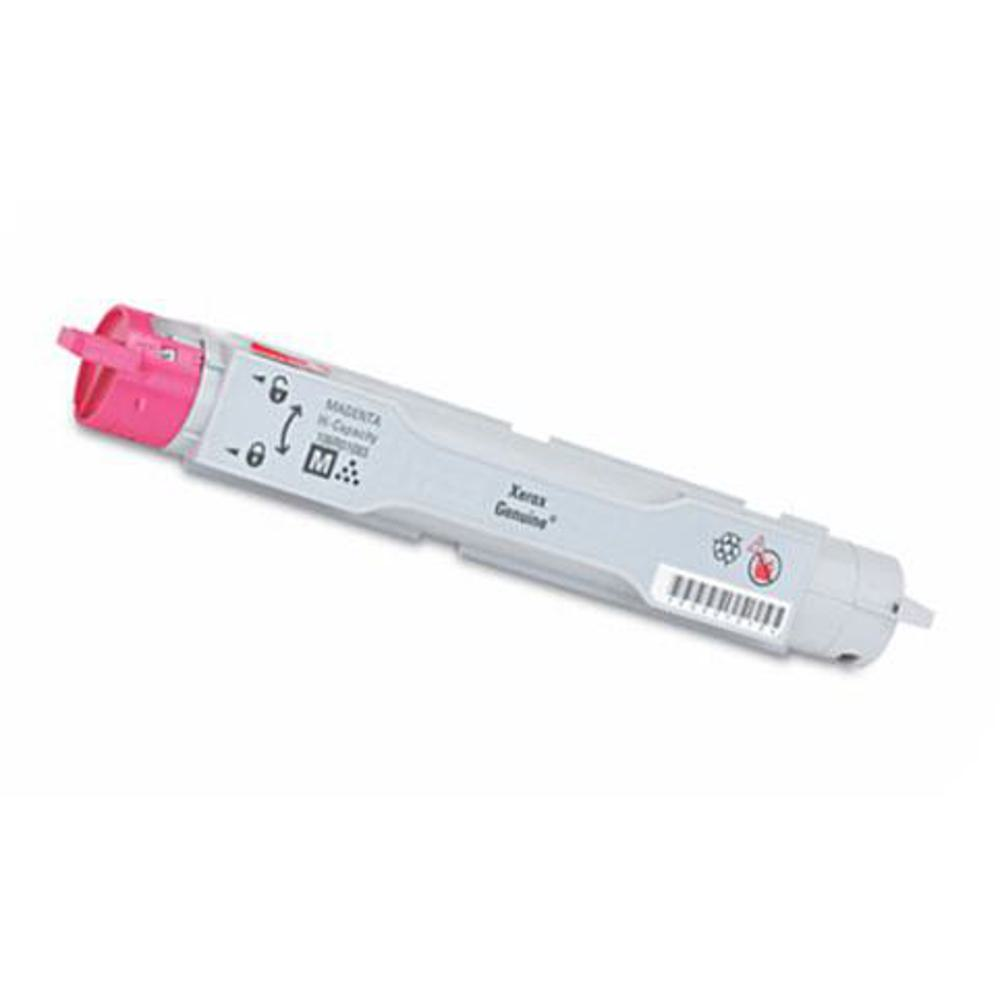 Una cartuccia toner Xerox magenta. Ha parti rosa e un corpo grigio chiaro. Le etichette indicano 'Magenta' e 'Xerox Genuine'.