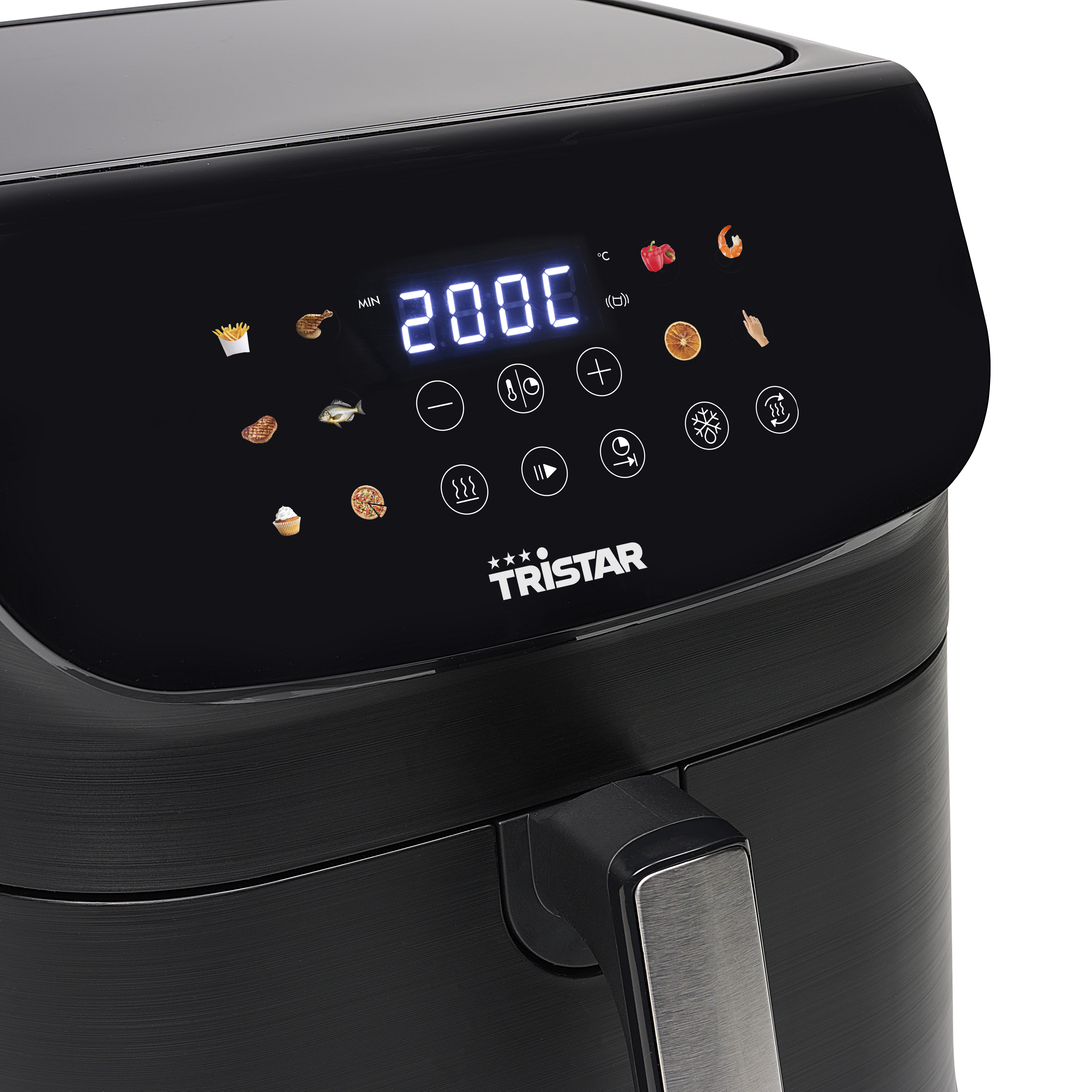 Een zwarte airfryer met een digitaal display van 200°C. Het heeft voedselpictogrammen en het merk Tristar.