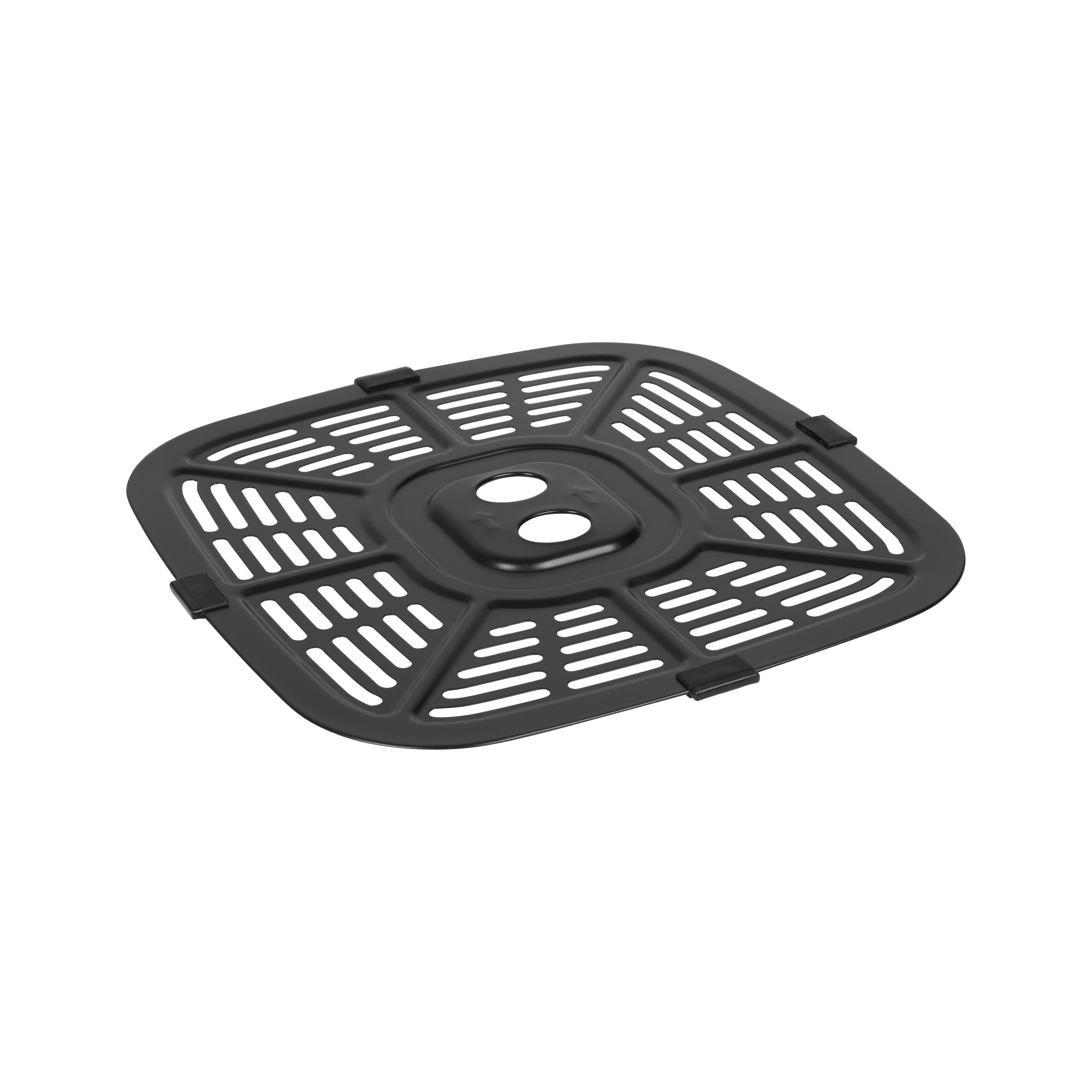 Een vierkante, zwarte airfryer-mand met een rasterpatroon en twee gaten in het midden.