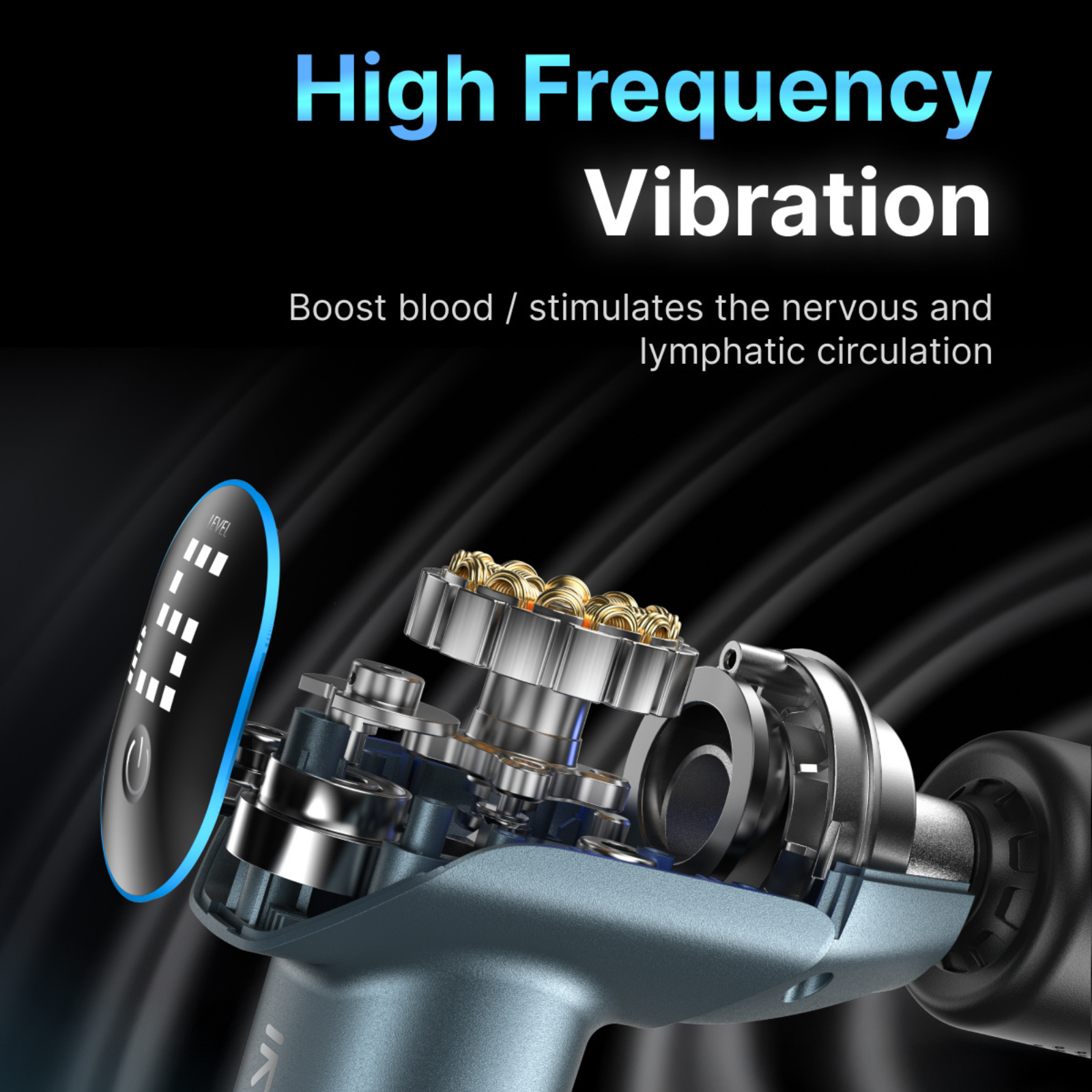 Anatomie eines Massagegeräts. Der Text hebt Hochfrequenzvibrationen und deren Wirkung auf die Durchblutung hervor.