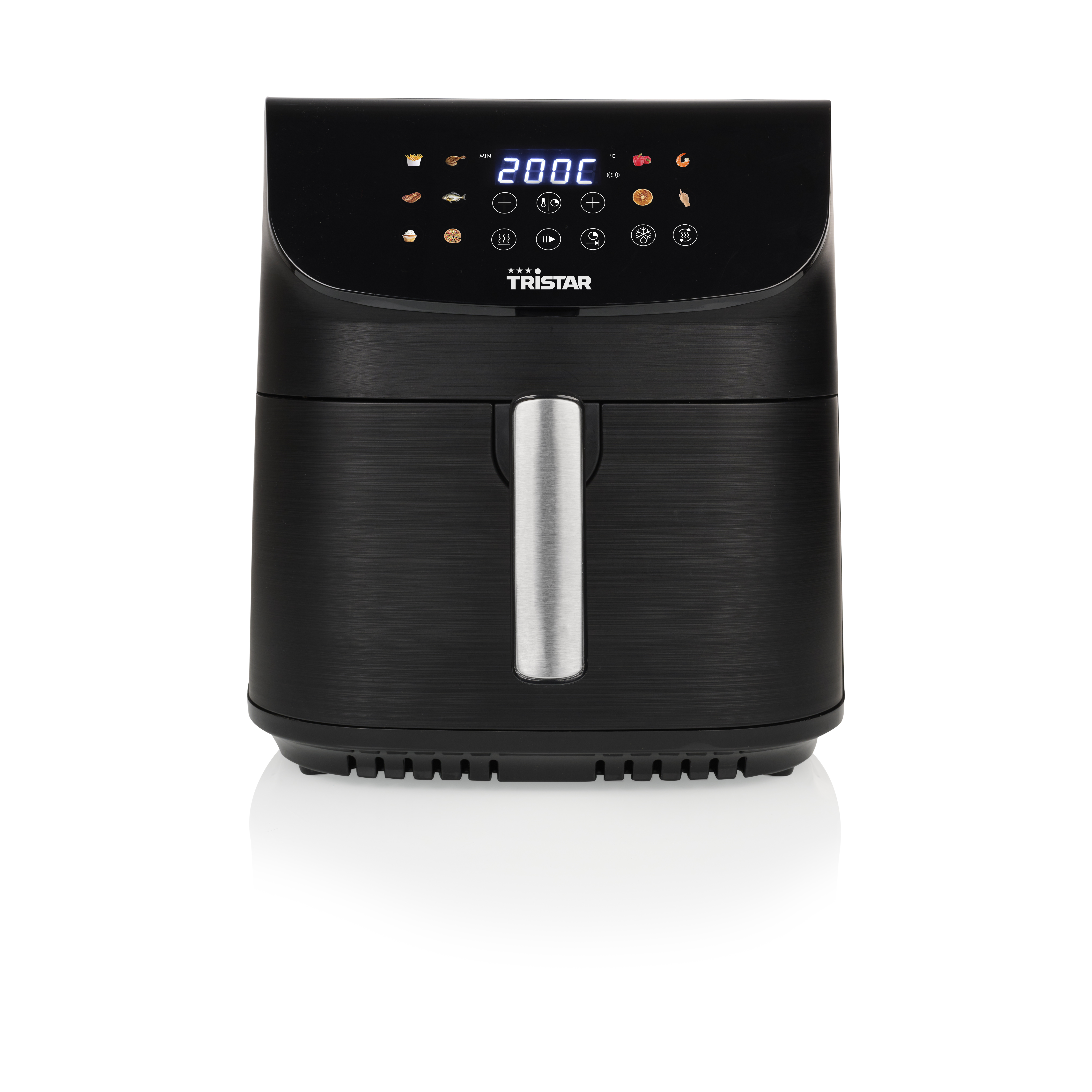 Zwarte Tristar airfryer met digitaal display 200C. Heeft een handvat en witte achtergrond.