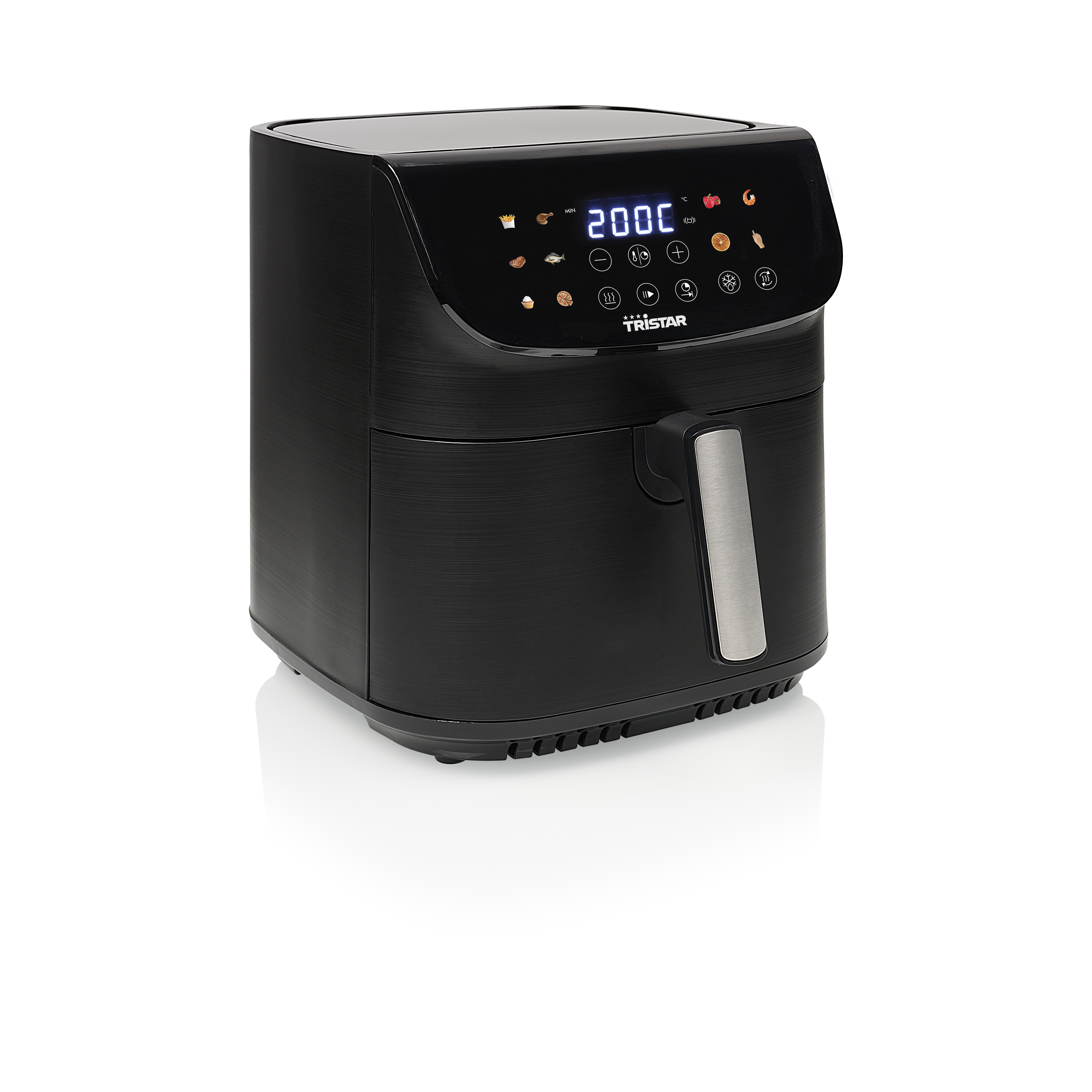 Zwarte airfryer met digitaal display met 200C en pictogrammen. Het heeft een handvat. Witte achtergrond.