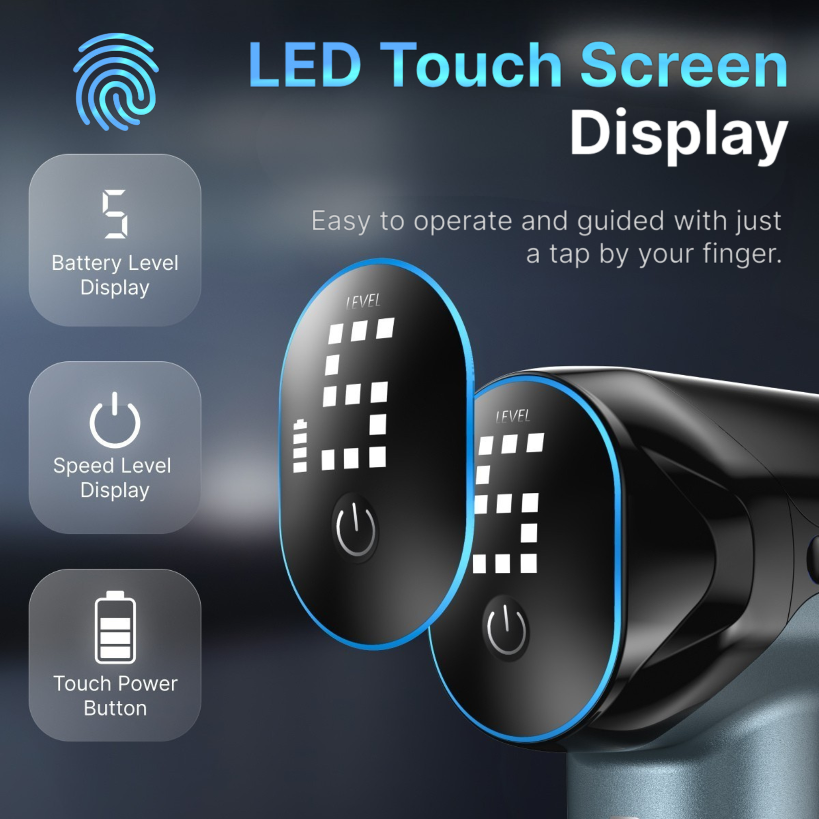 Ein Gerät mit LED-Anzeige, das Akku- und Geschwindigkeitsstufen anzeigt. Text sagt 'LED-Touchscreen-Anzeige'.