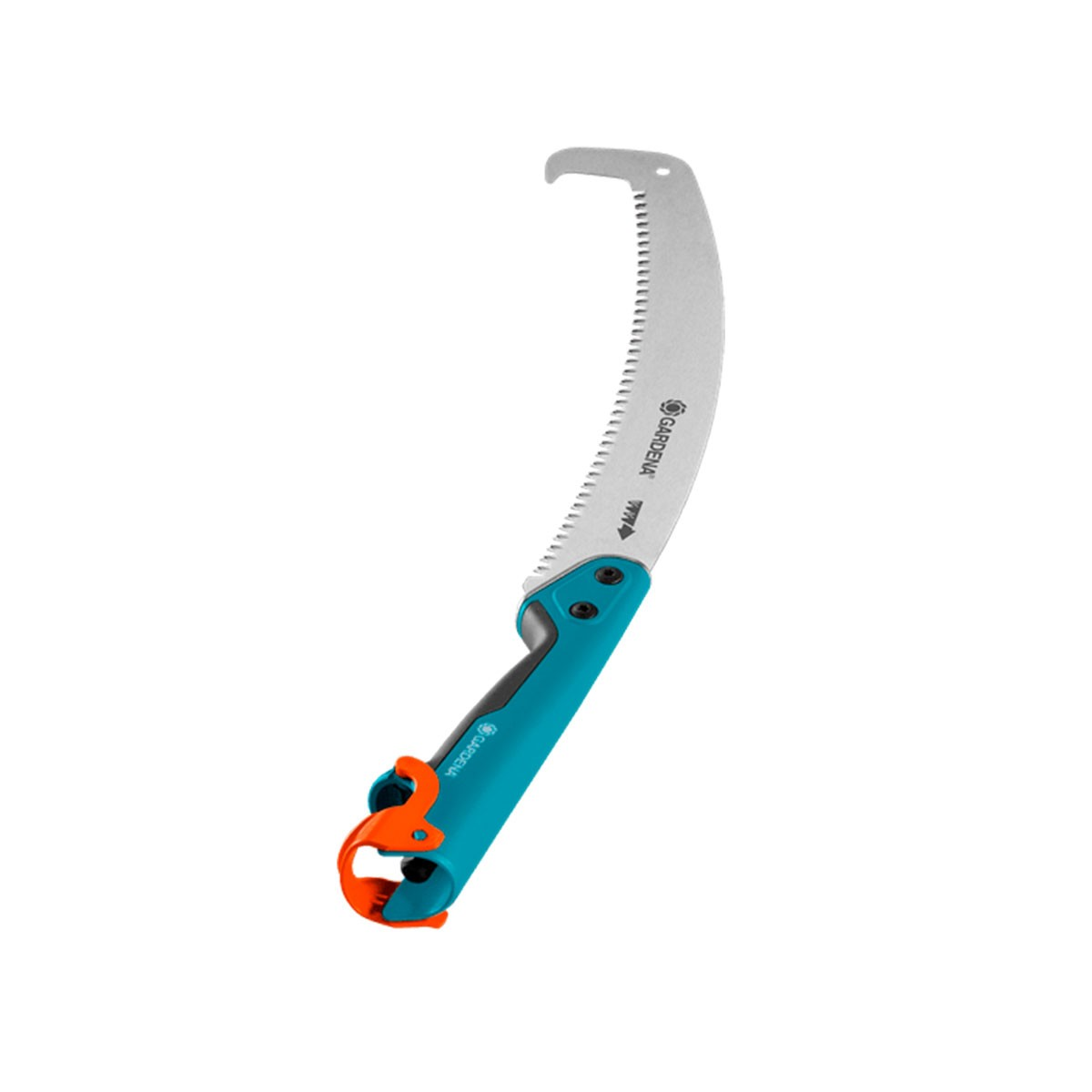 Piła ogrodowa z zakrzywionym ostrzem i turkusowym uchwytem z pomarańczową blokadą. Ostrze jest srebrne i ma zęby.