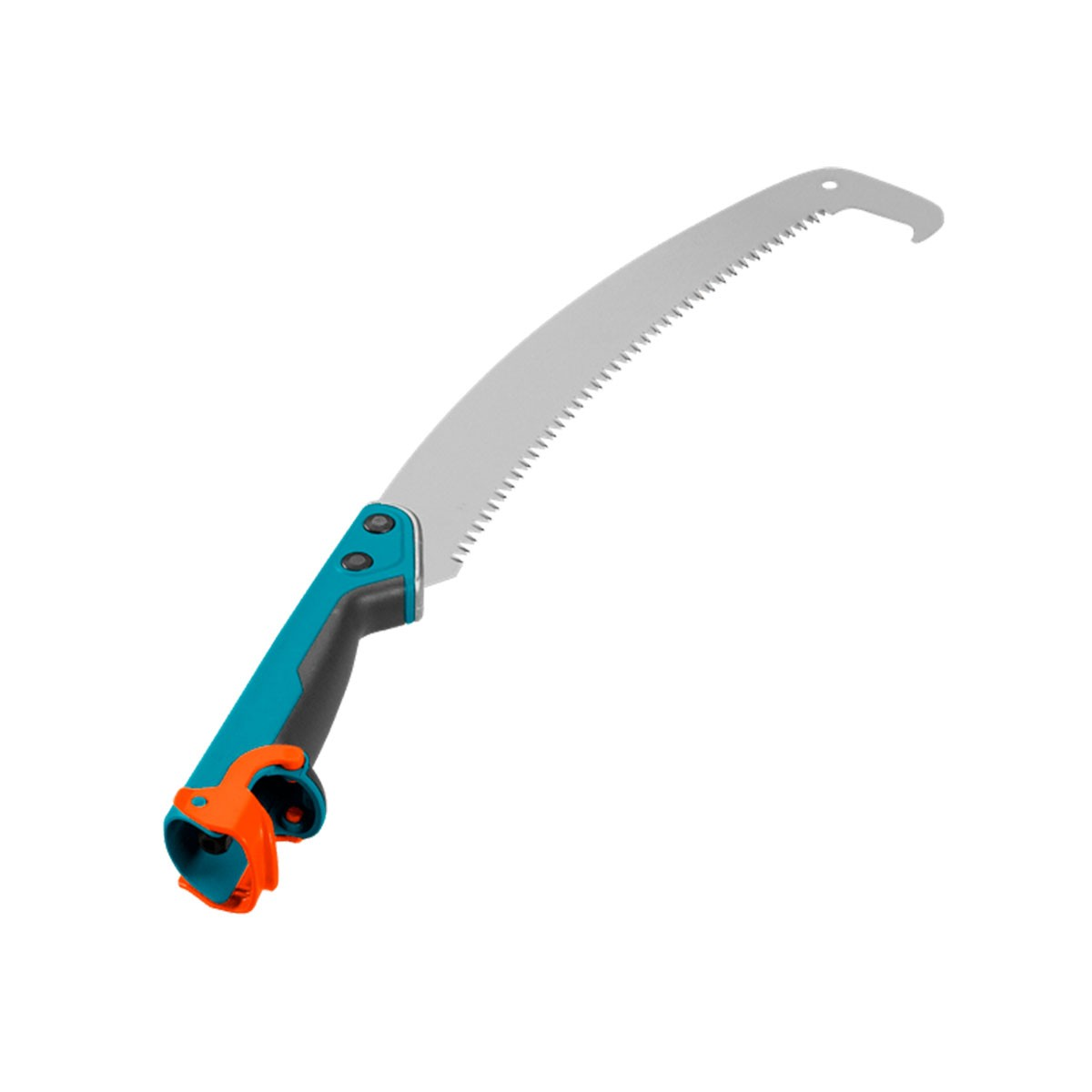 Piła do przycinania z zakrzywionym ostrzem. Ma turkusowo-czarny uchwyt z pomarańczowymi akcentami. Ostrze jest srebrne i ząbkowane.