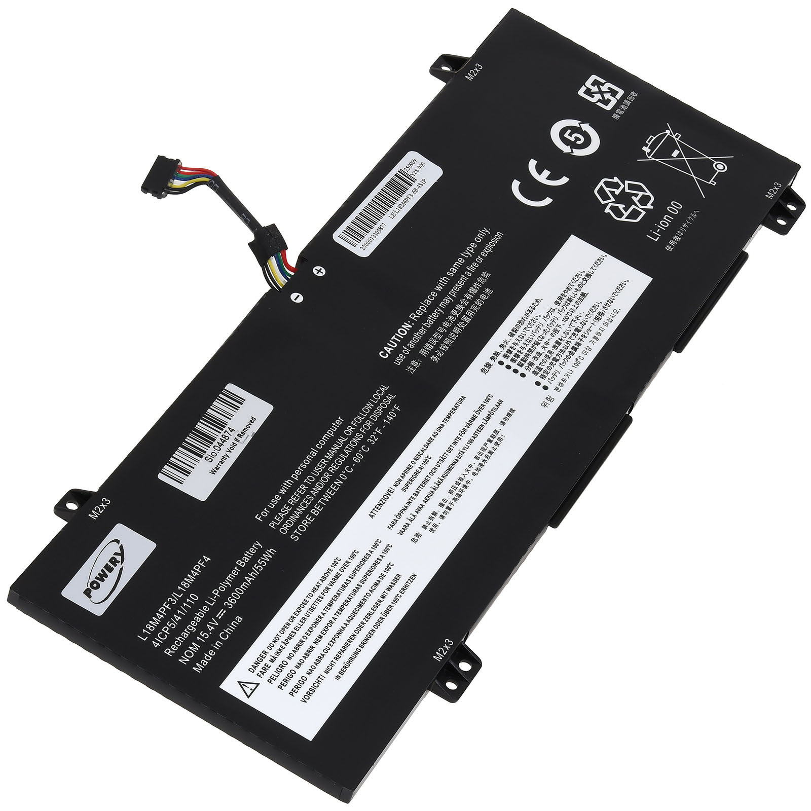 Laptop-Akku mit Etiketten, Stecker und Sicherheitssymbolen. Schwarz mit weißem Text. M2x3 Schraubenlöcher.