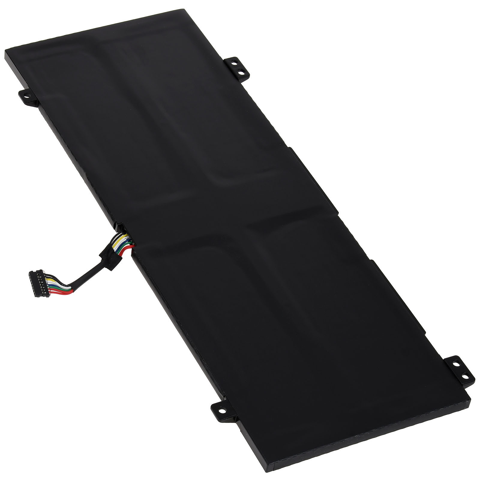 Ein schwarzer Laptop-Akku mit einem mehrfarbigen Kabel. Der Akku ist rechteckig und hat Befestigungslöcher.