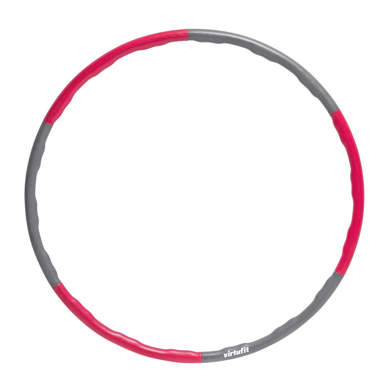 Ein Hula-Hoop, mit grauen und hellrosa Abschnitten, liegt auf weißem Hintergrund. Das Wort 'virtufit' ist darauf gedruckt.