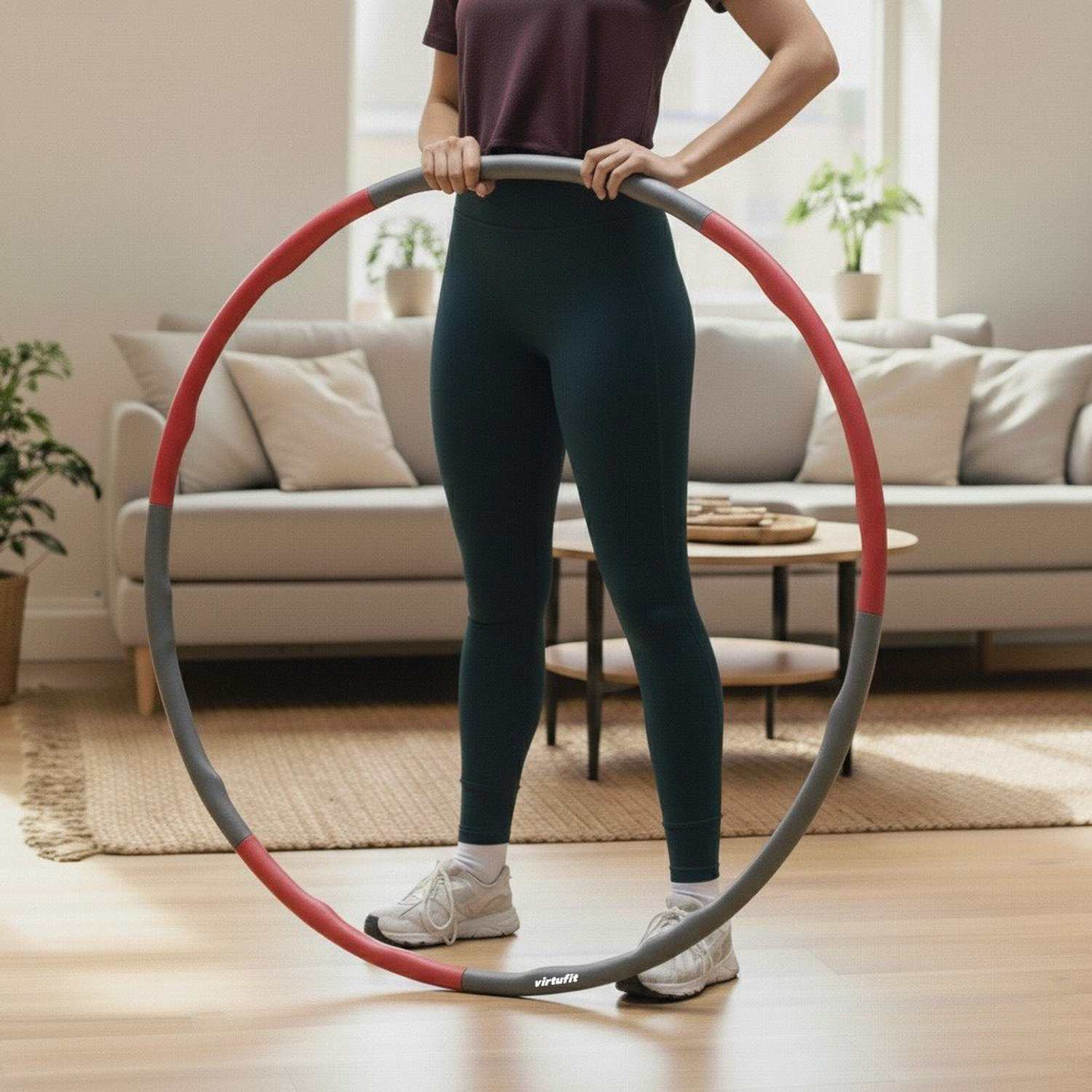 Eine Person hält einen Hula-Hoop-Reifen. Der Reifen ist rot und grau. Sie trägt dunkelgrüne Leggings, ein weinrotes Hemd und weiße Turnschuhe.