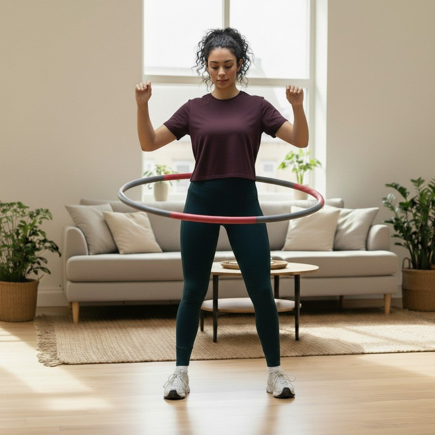 Eine Frau in Sportkleidung hula-hoopt drinnen. Ein grauer und roter Hula-Hoop-Reifen ist um ihre Taille. Im Hintergrund sind ein Sofa und Pflanzen.