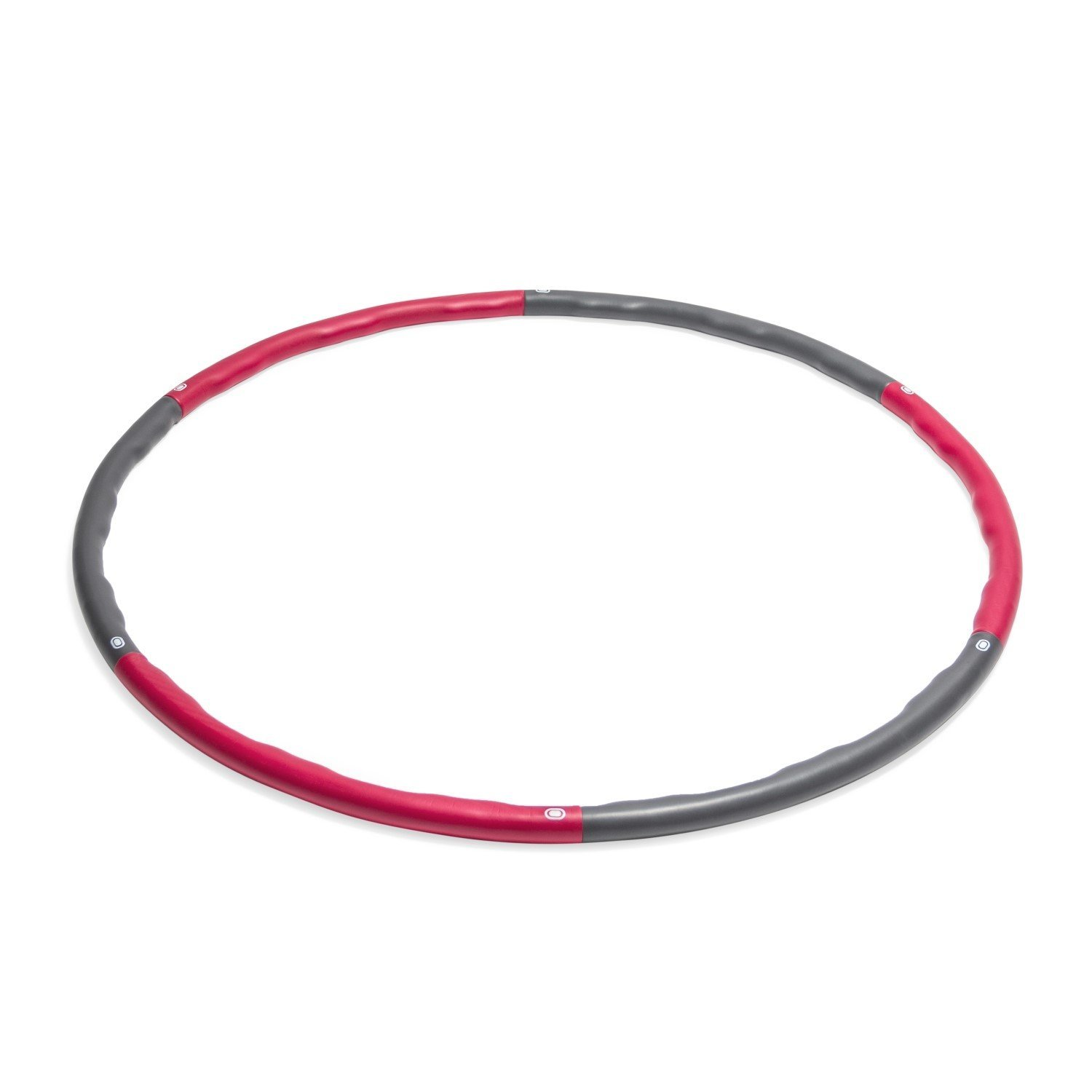 Ein Hula-Hoop-Reifen, rot und grau, liegt auf einer weißen Oberfläche. Der Reifen ist kreisförmig mit roten und grauen Abschnitten verbunden.