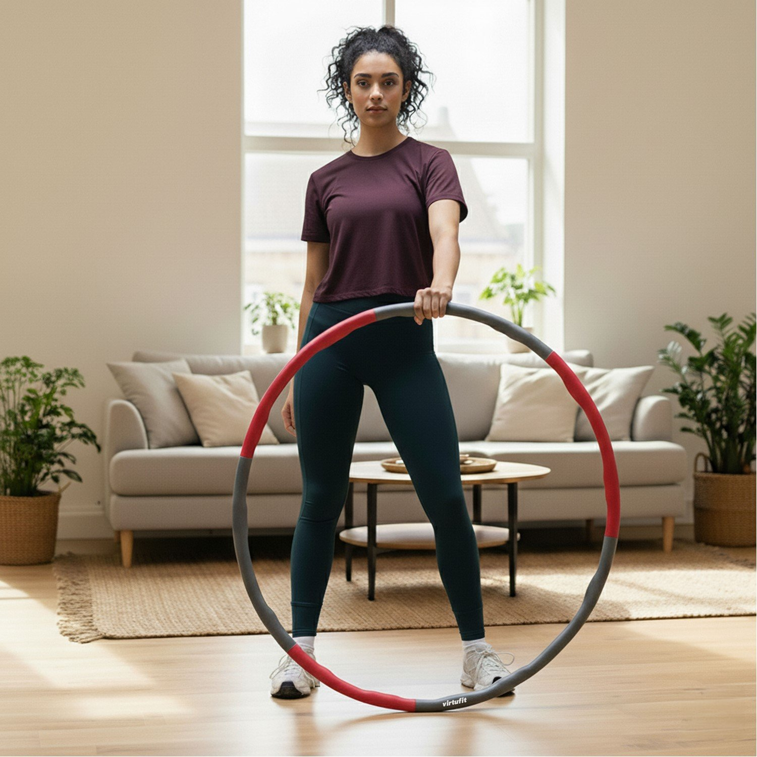 Frau hält einen Hula-Hoop-Reifen. Sie trägt ein weinrotes Hemd und dunkle Leggings. Im Hintergrund sind ein Sofa und Pflanzen.