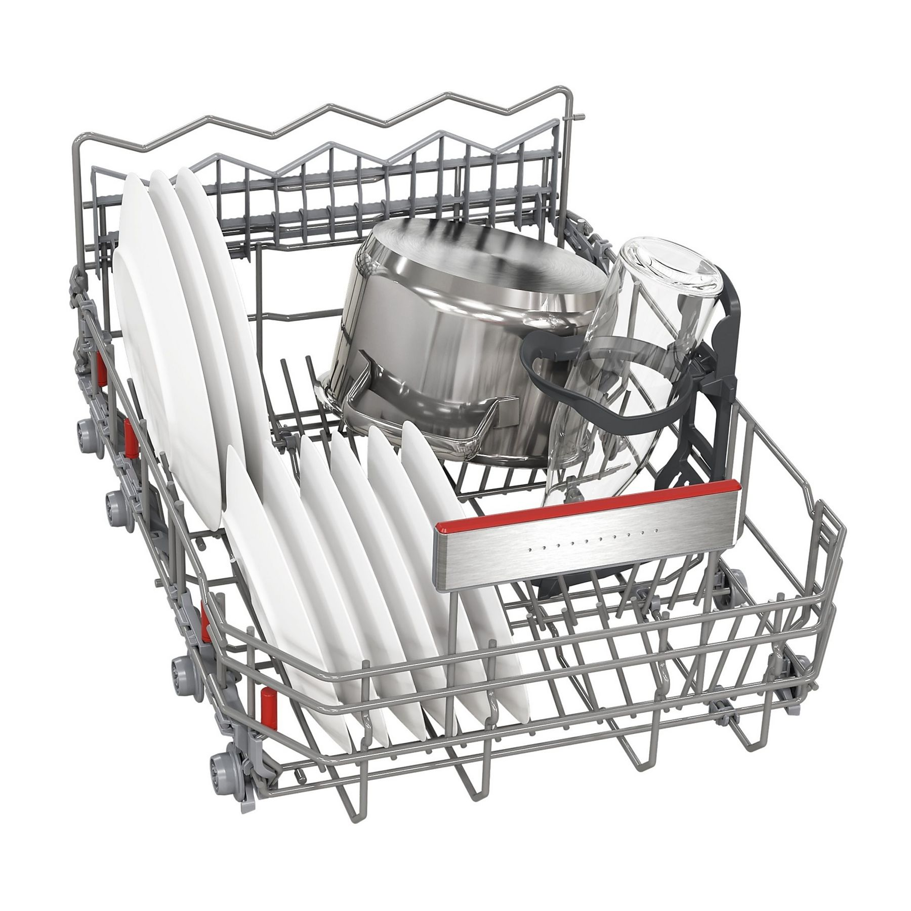 Wnętrze zmywarki z talerzami, garnkiem i szklanką. Stelaż jest metalowy. Tło jest białe.