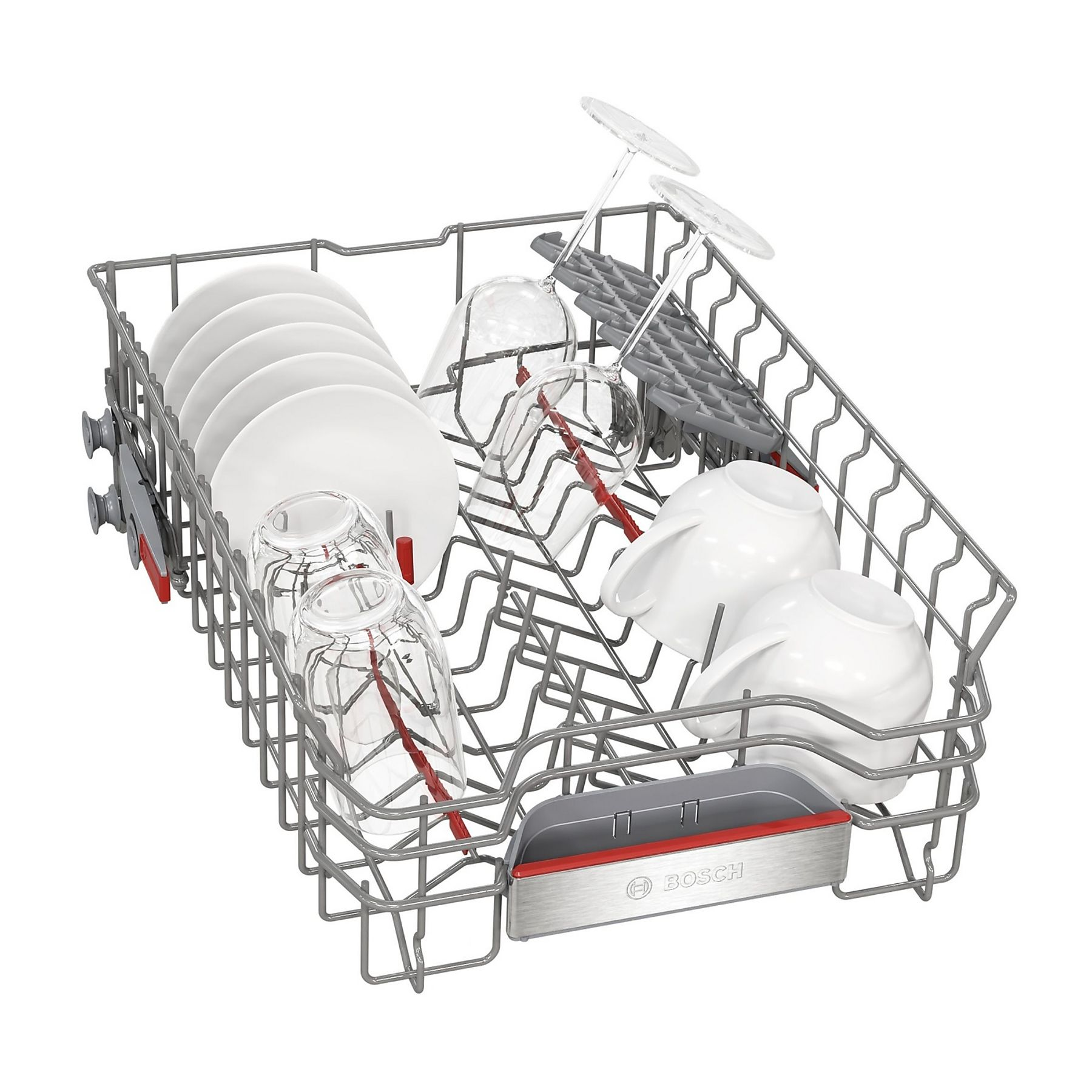 Stelaż zmywarki z talerzami, szklankami i kubkami. Stelaż jest pełny i gotowy do użycia. Widoczne logo Bosch.