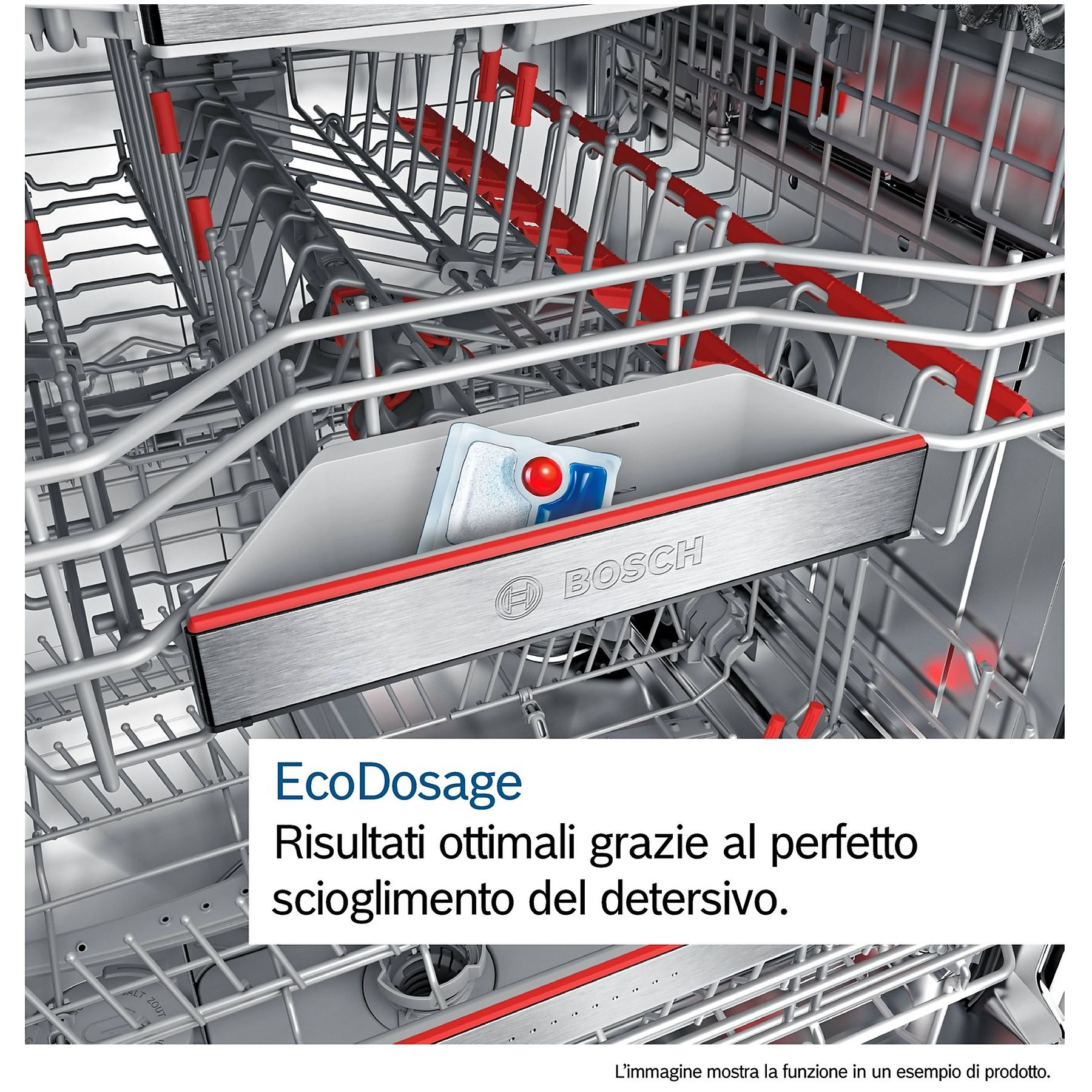 Wnętrze zmywarki z czerwonymi i szarymi elementami, tabletka do zmywarki. Logo Bosch widoczne.