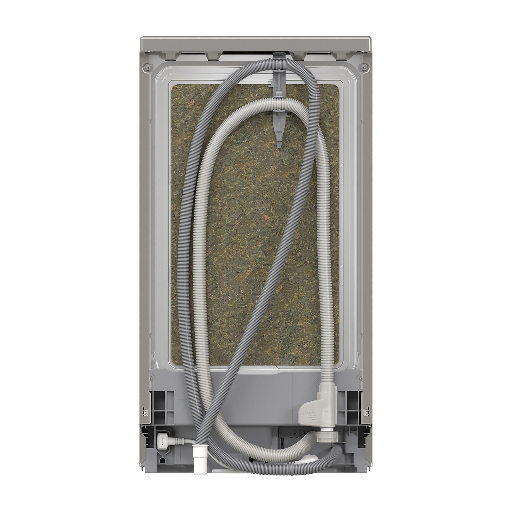 Widok z tyłu zmywarki z wężami i izolacją. Widoczne są szare i białe węże, a także szara rama.