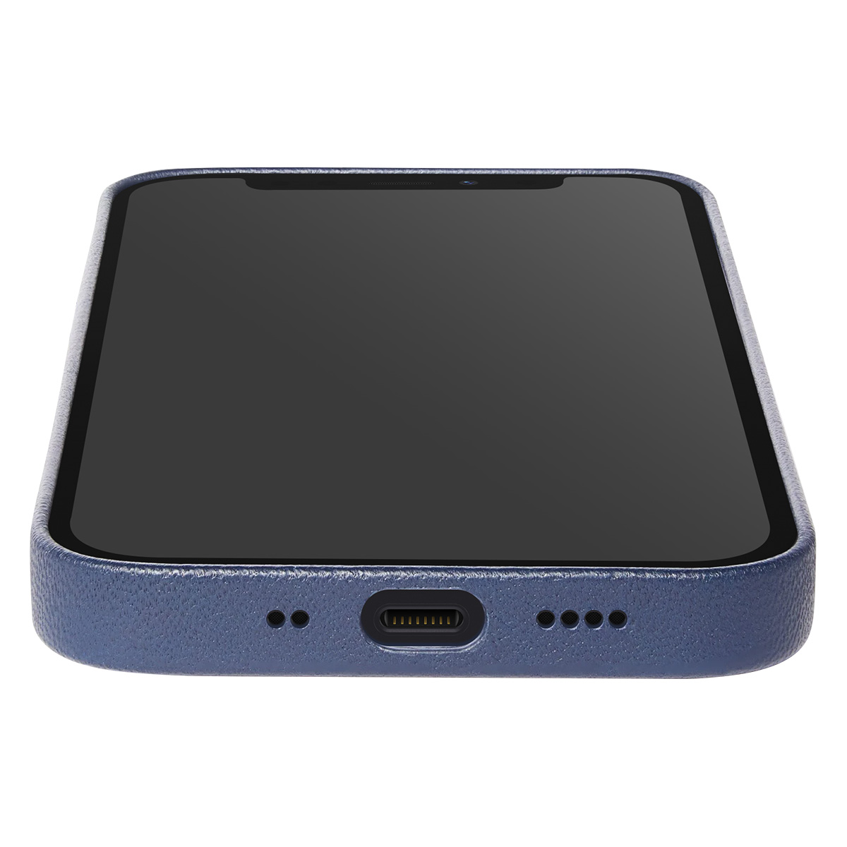 Una custodia blu per telefono con schermo nero. La custodia ha una porta di ricarica e fori per altoparlanti sul bordo inferiore, su sfondo bianco.