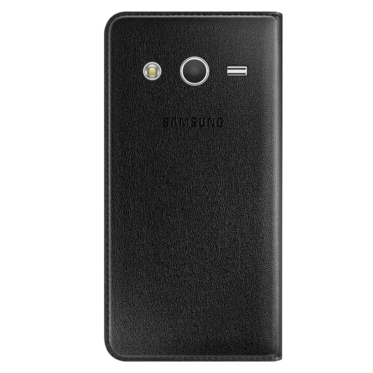 Retro del telefono Samsung nero. Ha fotocamera, flash e altoparlante. La superficie ha una finitura strutturata.
